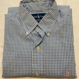 Ralph Lauren Blake Blue Checkered Men's 100% Cotton Short Sleeve Shirt Pink Pony